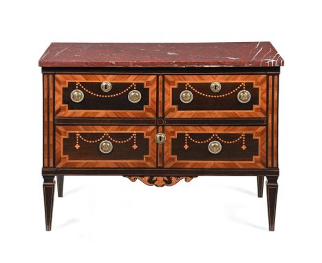 Y A NORTH ITALIAN PALISANDER, EBONISED AND MARQUETRY COMMODE  POSSIBLY MILAN, LATE 18TH CENTURY With a rouge griotte marble t