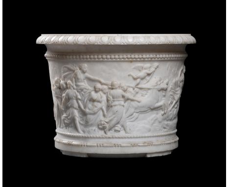 A CARVED WHITE MARBLE PLANTER OR WINE CISTERN WITH RELIEF DECORATION OF AURORA AFTER GUIDO RENI  ITALIAN, 19TH CENTURY  Of ci