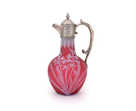 A STOURBRIDGE PINK CAMEO GLASS AND SILVER MOUNTED CLARET JUG  LATE 19TH CENTURY  Decorated with bluebells and lily of the val