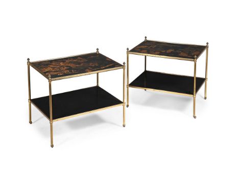 A PAIR OF BLACK LACQUER, GILT DECORATED AND BRASS FRAMED TWO-TIER ETAGERES THE CHINESE BLACK LACQUER PANELS 18TH OR 19TH CENT