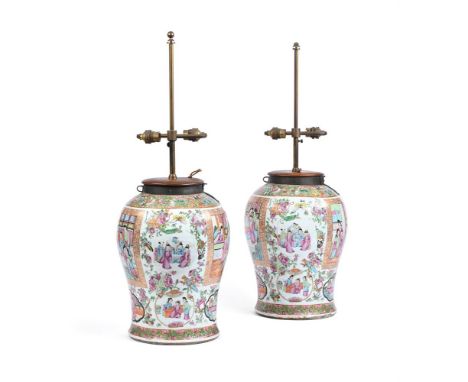 A PAIR OF CHINESE FAMILLE ROSE LAMP BASES  MID 19TH CENTURY AND LATER  Later fitted as lamp bases  vase approximately 33cm hi