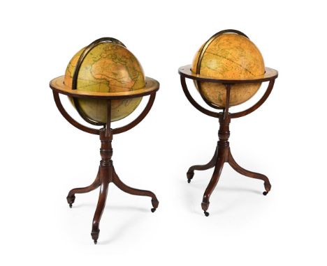 A PAIR OF REGENCY EIGHTEEN-INCH LIBRARY GLOBES BY J. AND W. CARY, LONDON, PUBLISHED 1816 Each sphere applied with two sets of