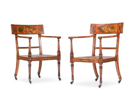 Y A PAIR OF GEORGE III SATINWOOD, EBONY BANDED AND POLYCHROME PAINTED ARMCHAIRS  ATTRIBUTED TO THOMAS CHIPPENDALE JUNIOR, CIR