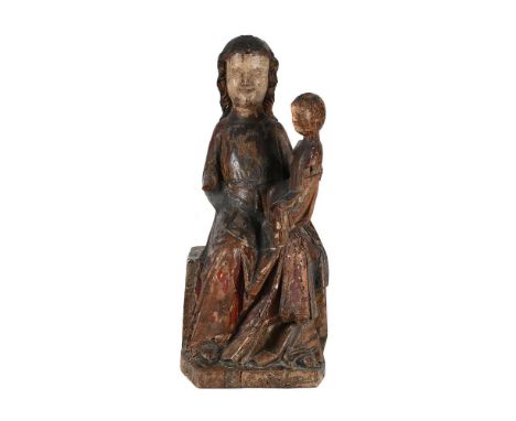 A LARGE CARVED AND POLYCHROME FIGURE OF THE SEATED MADONNA AND CHILD  16TH OR 17TH CENTURY  Possibly Malines but unmarked  57