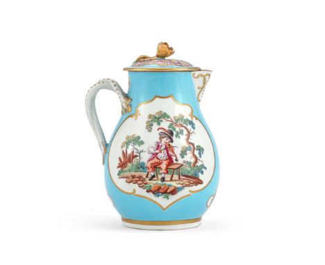 A WORCESTER TURQUOISE-GROUND LONDON DECORATED SPARROW-BEAK JUG AND COVER, PROBABLY THE ATELIER OF JAMES GILES, HARLEQUIN SERV