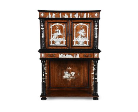 Y A NORTH EUROPEAN ROSEWOOD, EBONY AND IVORY MARQUETRY CABINET ON STAND PROBABLY ITALIAN, MID 19TH CENTURY The doors enclosin