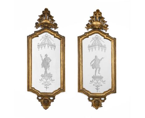 A PAIR OF NORTH ITALIAN CARVED GILTWOOD AND ETCHED GLASS MIRRORS SECOND HALF 18TH CENTURY each 69cm high, 27cm wide