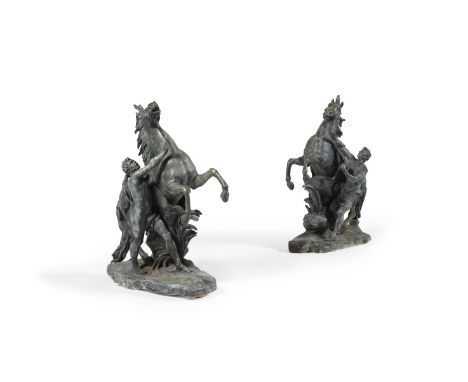 AFTER GUILLAUME COUSTOU (1677-1746), A LARGE PAIR OF BRONZE MARLY HORSES FRENCH, LATE 19TH CENTURY Weathered verdigris patina