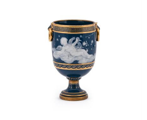 A MINTON PÂTE SUR PÂTE BLUE GROUND TWO HANDLED GOBLET BY MARC-LOUIS SOLON, LATE 19TH CENTURY  Carved with Cupid recumbent on 