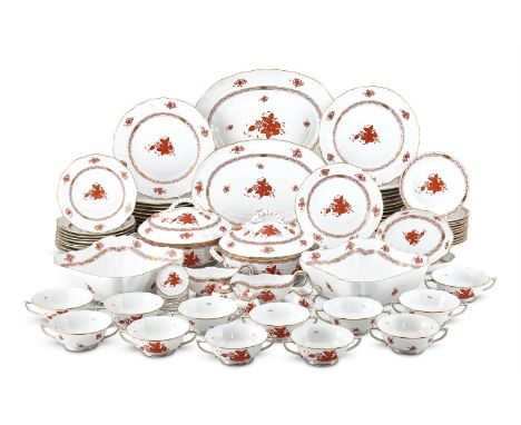 A HEREND CHINESE BOUQUET 'RUST' DINNER SERVICE LATE 20TH CENTURY Comprising 24 dinner plates (28cm); 5 breakfast plates (22.5