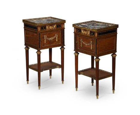 Y A PAIR OF FRENCH MAHOGANY, EBONY AND ORMOLU MOUNTED BEDSIDE CABINETS POSSIBLY BY PAUL SORMANI, LATE 19TH CENTURY Each with 