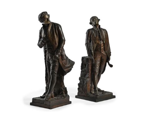 GIOVANNI BATTISTA AMENDOLA (ITALIAN 1848-1887), A PAIR OF BRONZE FIGURES EMBLEMATIC OF THE ARTS   LATE 19TH CENTURY  Male fig