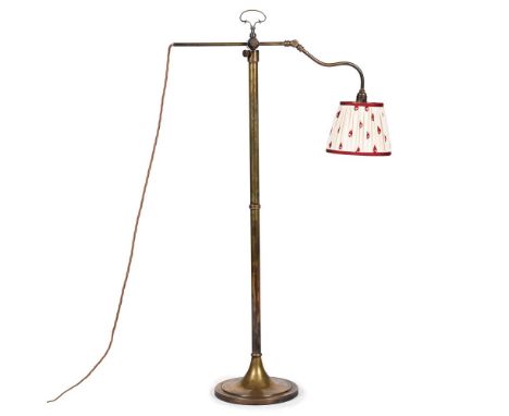A VICTORIAN BRASS ADJUSTABLE STANDARD LAMP  CIRCA 1890  Later rewired and with a Robert Kime red and white pleated shade   15