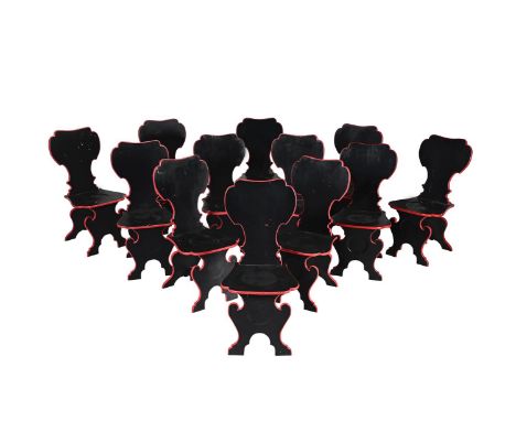 A SET OF TWELVE BLACK AND RED PAINTED SCABELLO HALL CHAIRS BY JOHN IVES, IN GEORGE III STYLE, LATE 20TH CENTURY 98cm high, 48