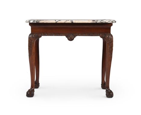 A GEORGE II CARVED MAHOGANY AND MARBLE TOPPED CONSOLE TABLE CIRCA 1750 With a Calcatta Viola Arabescato marble top 75cm high,