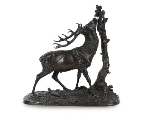 PIERRE-JULES MÊNE (FRENCH, 1810-1871), AN ANIMALIER BRONZE 'CERF A LA BRANCHE'  MID 19TH CENTURY  The Browsing stag No.1, sig