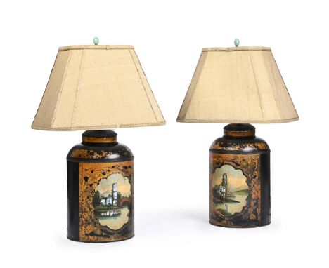 Y A PAIR OF VICTORIAN PAINTED AND MOTHER OF PEARL MOUNTED TEA CANNISTER TABLE LAMPS  CIRCA 1870  Decorated with a scene of a 