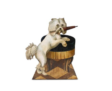 AN AMUSING PAINTED TOLE DOG STICK OR PARASOL STAND  LATE 19TH CENTURY  Dog depicted on a stool, stick aperture behind  65cm h