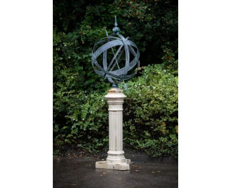 A LARGE VERDIGRIS PATINATED METAL ARMILLARY SPHERE ON PEDESTAL  MODERN  sphere 75cm diameter, arrow 114cm long, 220cm high ov