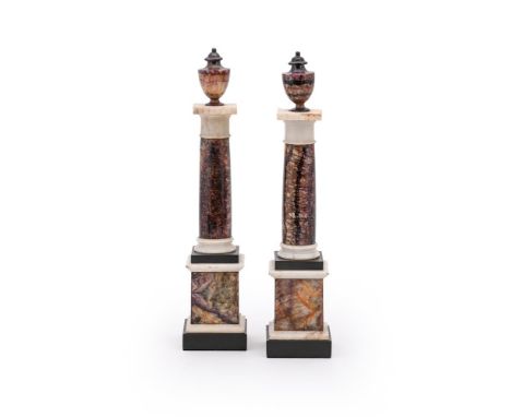 A RARE PAIR OF LATE GEORGE III BLUE JOHN AND ALABASTER COLUMNS  IN THE MANNER OF JOHN MAWE, CIRCA 1810  Turned urn finials ab