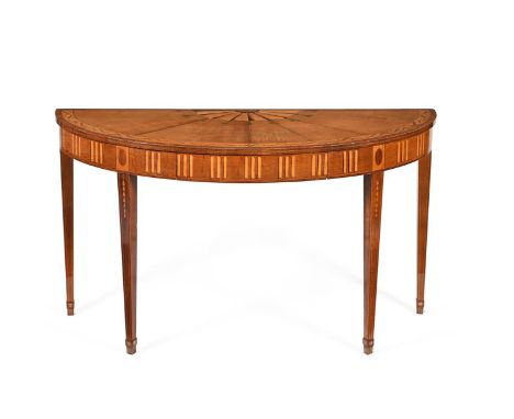 A GEORGE III IRISH SYCAMORE, HAREWOOD AND MARQUETRY SEMI ELLIPTICAL SIDE OR CONSOLE TABLE  IN THE MANNER OF WILLIAM MOORE OF 