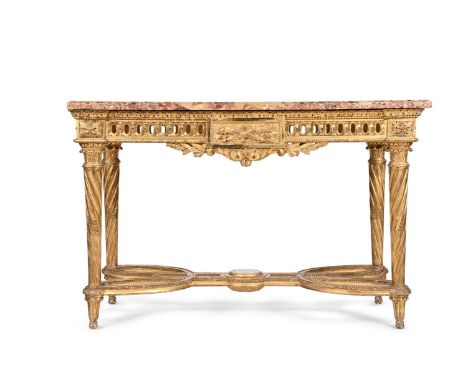 A CARVED GILTWOOD AND MARBLE MOUNTED CENTRE OR CONSOLE TABLE BY L. DROMARD, PARIS, IN LOUIS XVI STYLE, CIRCA 1880 The frieze 