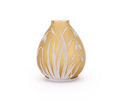 TWO STOURBRIDGE CITRON YELLOW GLOBULAR CAMEO VASES  LATE 19TH CENTURY  First decorated with Snowdrops  9.5cm high  Second dec