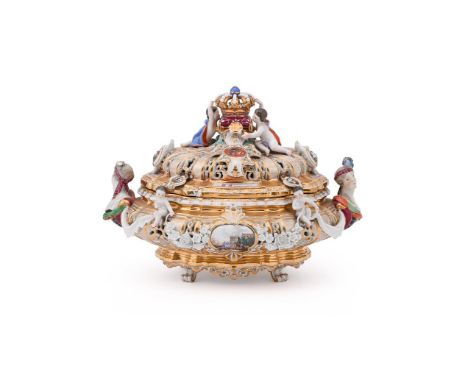 A MEISSEN (OUTSIDE DECORATED) BAROQUE STYLE TUREEN AND COVER SURMOUNTED WITH A CORONET  AFTER THE MODEL BY J. J. KANDLER, LAT