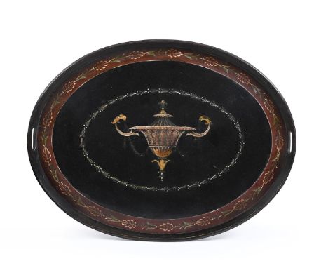 A GEORGE III PAPIER MACHE TWIN HANDLED TRAY  BY HENRY CLAY (1738-1812), CIRCA 1800  The 'tea-board' painted with twin scrolli