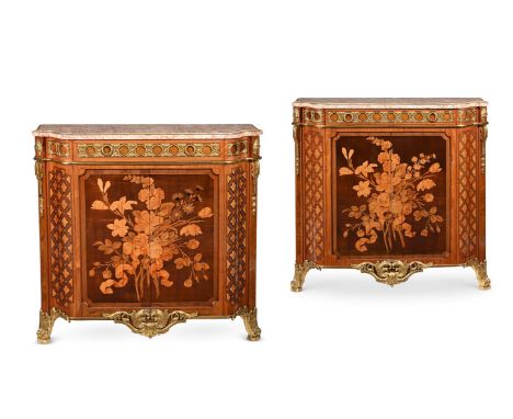 Y  A PAIR OF LOUIS XVI ORMOLU MOUNTED, MARQUETRY AND PARQUETRY SIDE CABINETS  BY J H RIESENER, ADAPTED FROM CORNER CABINETS  