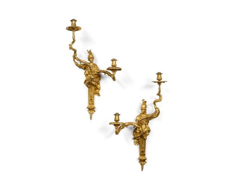 A PAIR OF FRENCH ORMOLU TWIN BRANCH FIGURAL WALL LIGHTS  BY HENRY DASSON, DATED 1889  Each modelled as a caryatid figure, pos