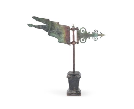 A VERDIGRIS COPPER WEATHER VANE ON STAND  19TH CENTURY  With scrolling pierced pointer and pennant tail  84.5cm high overall,