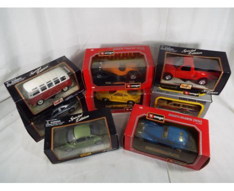Burago and Maisto - four Burago 1:24 scale models, Range Rover Safari, Bugatti 1932, Bugatti 1936, Ferrari 1987 and four Mais