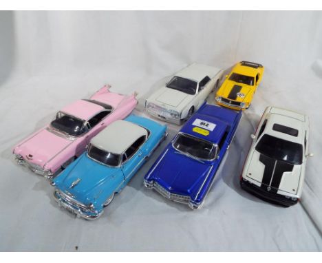 Six diecast cars 1:24 scale to include four Jada cars comprising two Cadillacs, a Lincoln and one other and two Maisto (qty)