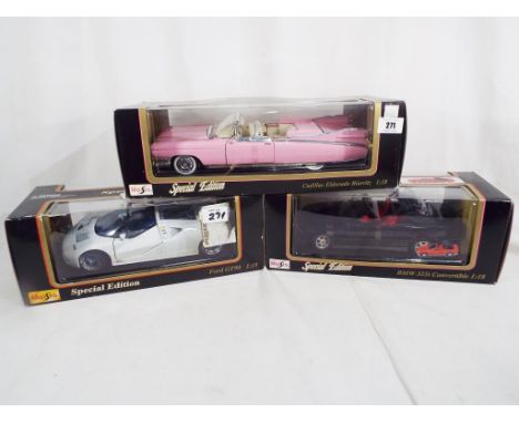 Maisto - three diecast 1:18 scale models, Pink Cadillac Eldorado Biarritz, Ford GT90 and BMW 325i Convertible, appear mint in