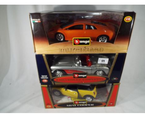 Burago - three 1:18 scale diecast models comprising Chevrolet Corvette 1957, Mini Cooper and Lamborghini, appear mint, boxed 