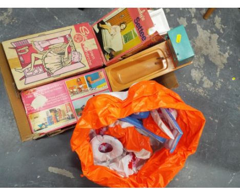 Collection of 1960's Pedigree Sindy Doll Furniture to include a bed and bedclothes boxed, wardrobe boxed, sofa boxed, armchai