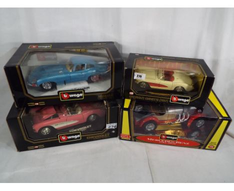 Burago - four diecast models, Chevrolet Corvette 1957, Jaguar E 1961, Mercedes Benz 1931 (all 1:18 scale) and Chevrolet Corve