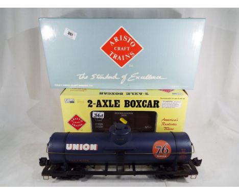 Model railways - Aristo Craft Trains - a twin axle Boxcar # 40301 and a Singledome Chemical Tank Car, Union Oil # 41304, both