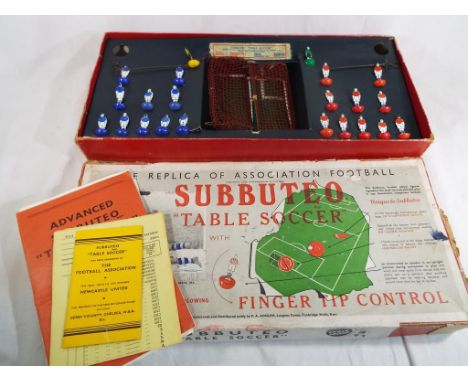 Subbuteo Table Soccer - an early 1950s Football boxed game by P A Adolph comprising complete red and blue teams with two goal