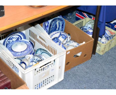 A collection of blue and white ceramics including Spode  