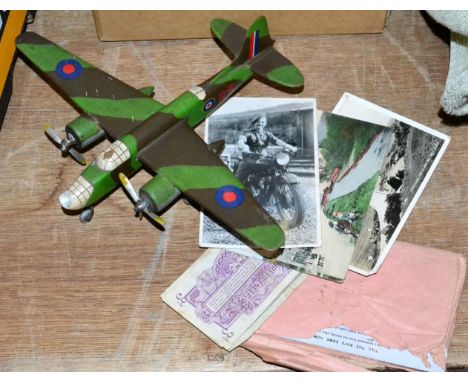 POW model of a Blenheim Bomber from Dalton Airfield together with three WWI postcard and war issue banknotes 