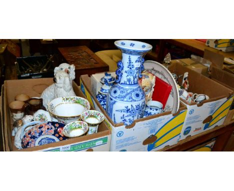 A quantity of ceramics and glassware including three glass decanters, Staffordshire dogs, Spode Copeland vases, blue and whit