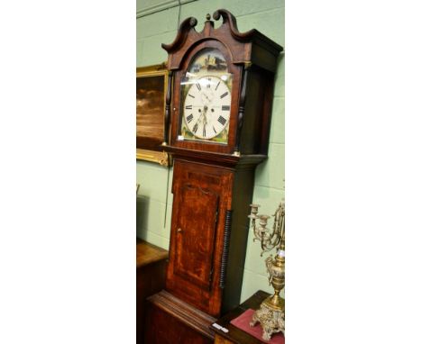 An oak eight day longcase clock, painted arch dial signed Jno Forster, Newcastle 