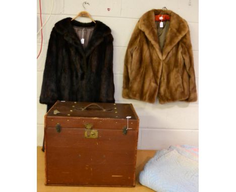 Early 20th century travelling trunk, probably canvas painted brown, leather trimmed, lined in striped silk fabric, labelled '