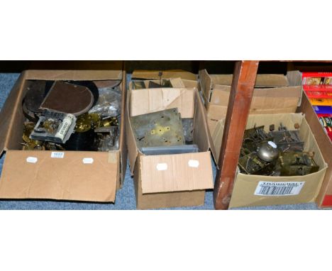 Six longcase clock movements and parts etc (five boxes)