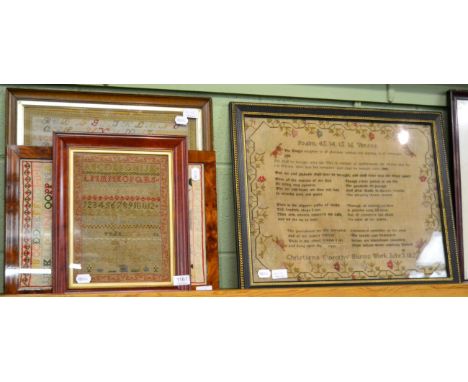 An early 19th century sampler by Christiana Dorothy Burns, 1827, together with three later examples (4) (a.f.) 