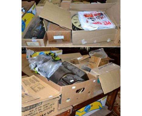 A large quantity of mantel clock movements, mantel clocks, French mantel clock bezels, wall clock painted dials, clock weight