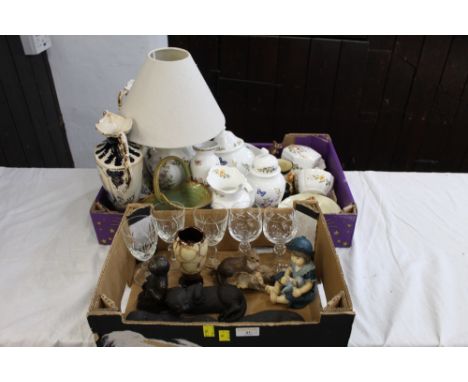Box of Aynsley Tudor pattern lamp, bowls, vases, trinket dishes and box of glassware, otter ornaments, etc. 