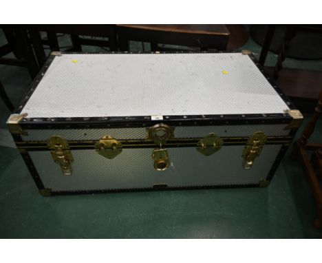 A metal rectangular trunk, height 36 cm, width 91 cm, depth 51 cm